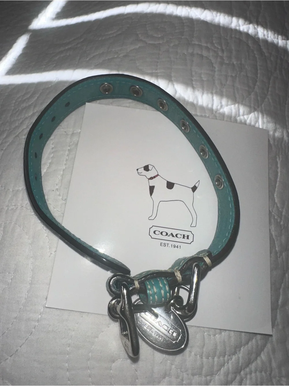 Coach XS Teal Leather Dog Collar with Silver Hardware